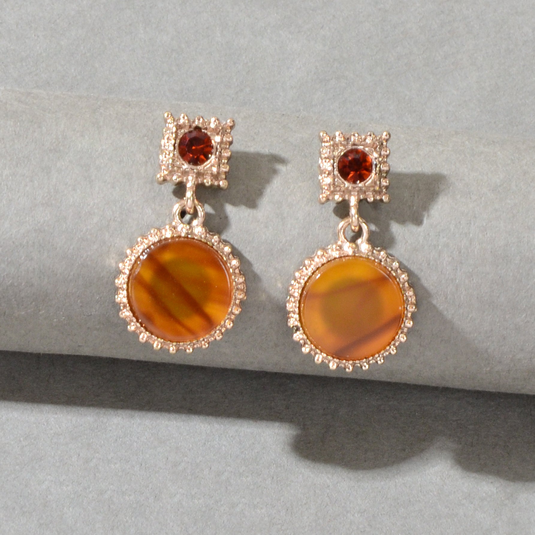 Textured Red Rhinestone Yellow Simulated Gemstone Round Charm Dangle Earrings